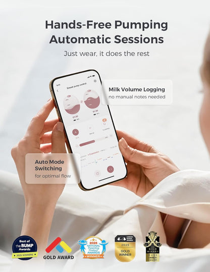 Momcozy Bomba tira-leite Air 1 Ultra-Slim, bomba vestível mãos-livres com estojo de carregamento sem fio e controle por aplicativo com modo automático e alerta de leite cheio.