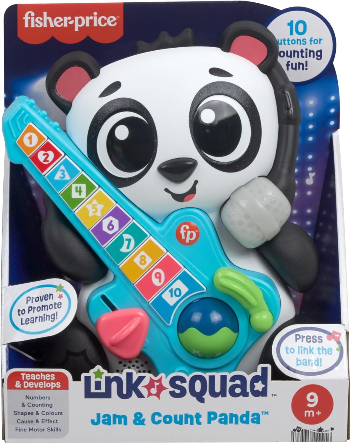 Fisher-Price Brinquedo de aprendizagem para bebês Link Squad Jam & Count Panda com música e luzes para idades de 9+ meses, versão em inglês do Reino Unido, compatível apenas com itens Link Squad, HYL22