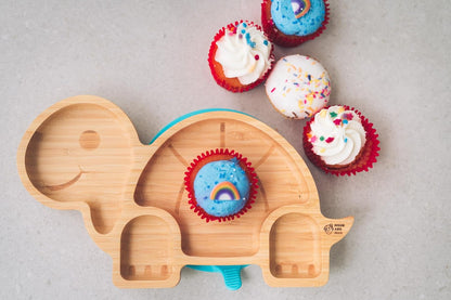 Juego de cuchara y plato de succión de bambú Moon and Moo Turtle para niños, niños pequeños y destete del bebé - No tóxico - Sin plástico - Permanece en su lugar - Plato de succión para bebé - Juego de destete para bebé (gris)