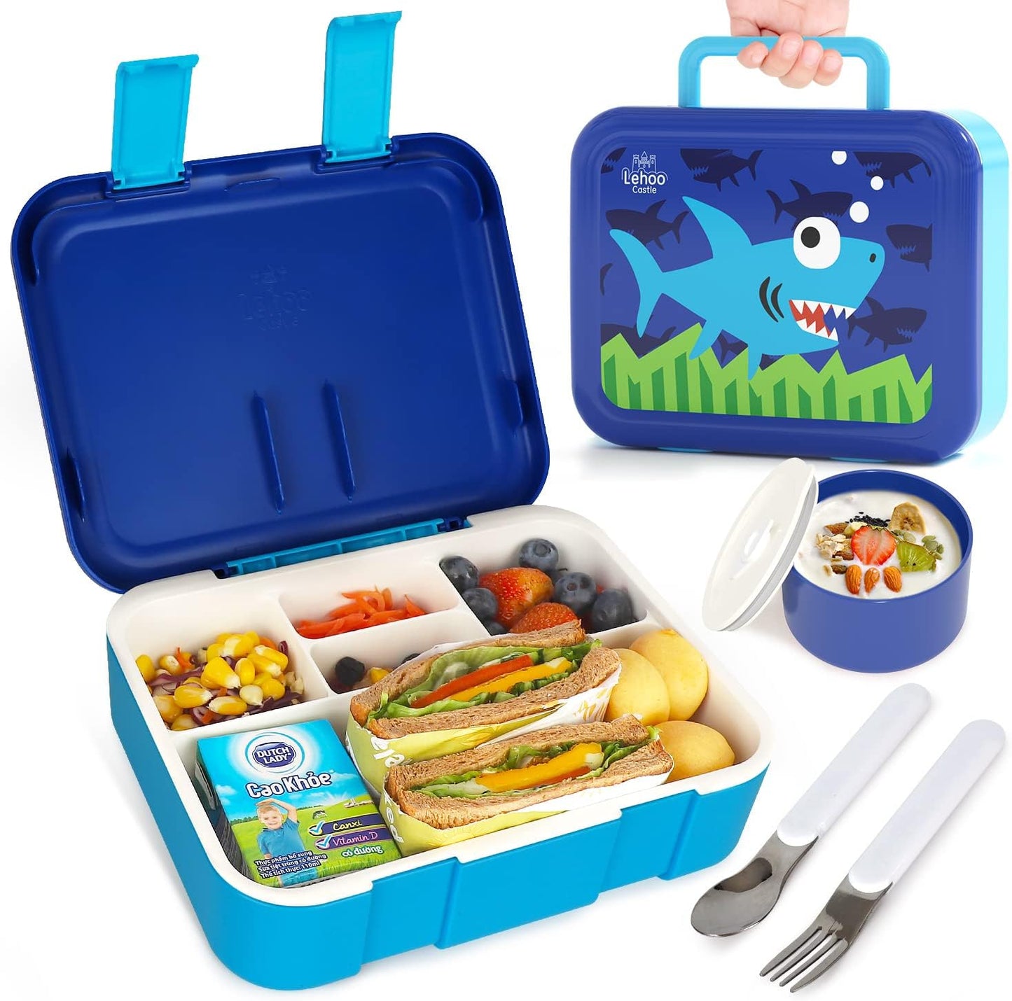 Lehoo Castle Lancheira infantil Bento, lancheira com 5 compartimentos, recipientes de almoço de 1,25L com pote de molho, colher e garfo para meninos e meninas, escola, à prova de vazamentos, sem BPA (dinossauro)