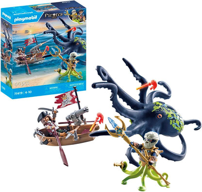 Playmobil 71419 Piratas: Batalha com o Polvo Gigante, Piratas vs. Deepers, polvo com função de borrifar água e canhão de disparo, encenação divertida e imaginativa, conjuntos de jogos adequados para crianças de 4 anos ou mais