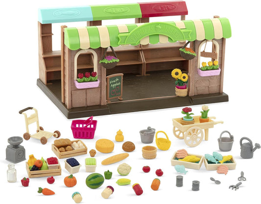 Li'l Woodzeez Market Playset - Hoppin' Farmer's Market - Juego de juguetes de 67 piezas - Juguetes familiares para niños de 3 años en adelante
