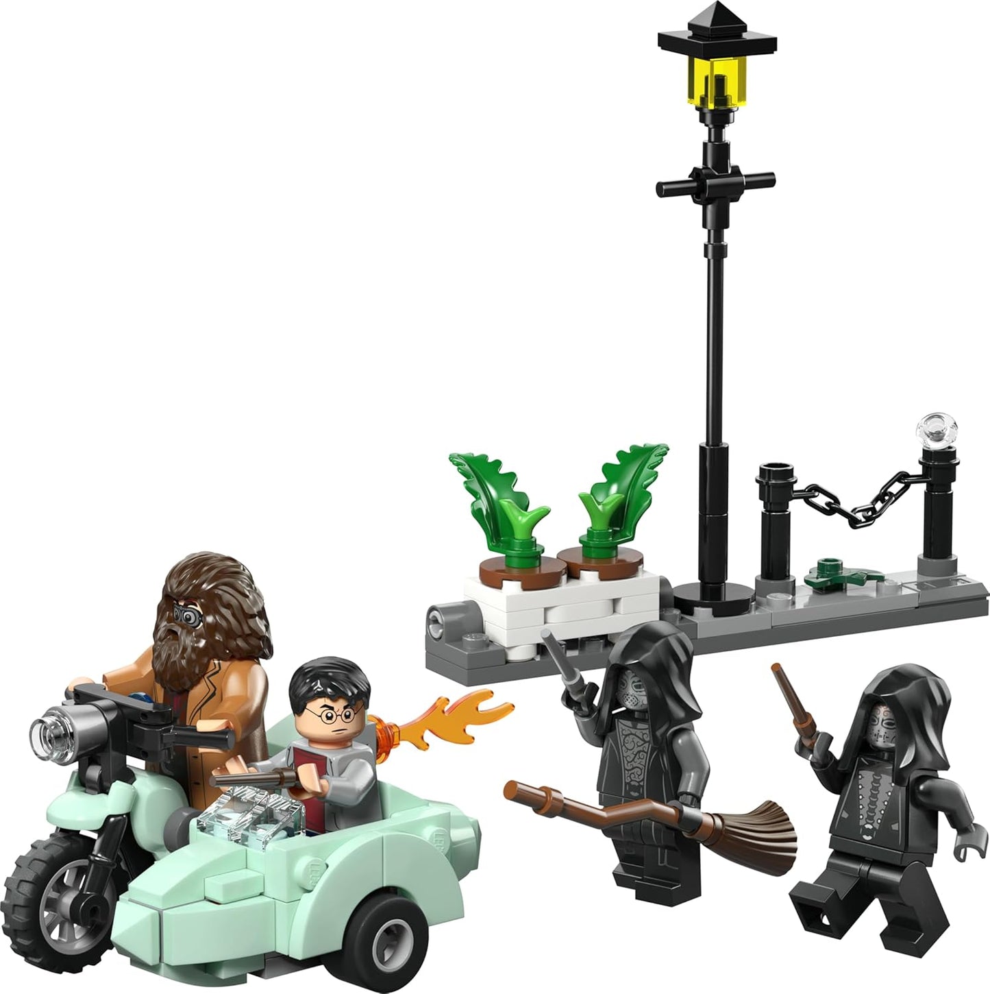 LEGO Harry Potter: A Fuga de Harry e Hagrid pela Rua dos Alfeneiros - Moto de Brinquedo com 4 Minifiguras, incluindo 2 Comensais da Morte, e uma Cena de Rua - Presente para Meninas, Meninos e Fãs a partir de 8 Anos - 76459