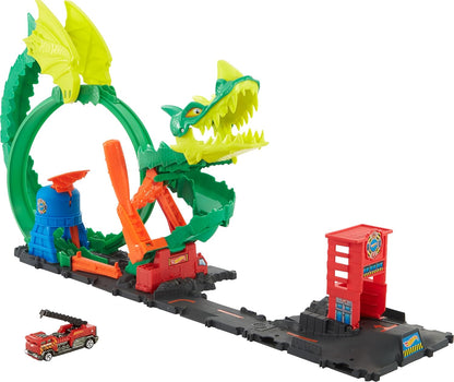 Conjunto de Pista Hot Wheels com Caminhão de Bombeiros de Brinquedo em Escala 1:64, Estação de Bombeiros da Cidade com Dragão Nemesis e Pista de Brincadeira, Combate de Incêndio Dragon Drive, HDP03