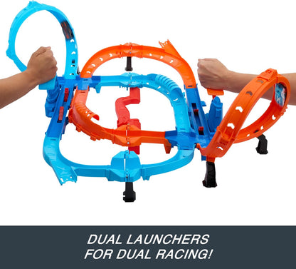 Pista de Carrinhos Hot Wheels Ultra Hots Blast Launch Face-Off com 2 Veículos em Escala 1:64, Corrida e Acrobacias Frente a Frente, 2 Lançadores Acionados por Crianças, HXR71