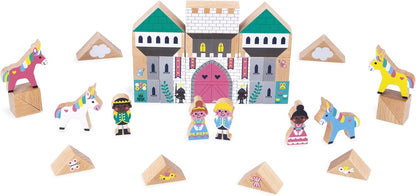 Janod - Conjunto de 35 cubos de madeira maciça - Tema Reino Encantado - Complemento ideal para tapetes de carro - Brinquedo de construção - Desenvolve a imaginação - Brinquedo de madeira FSCTM