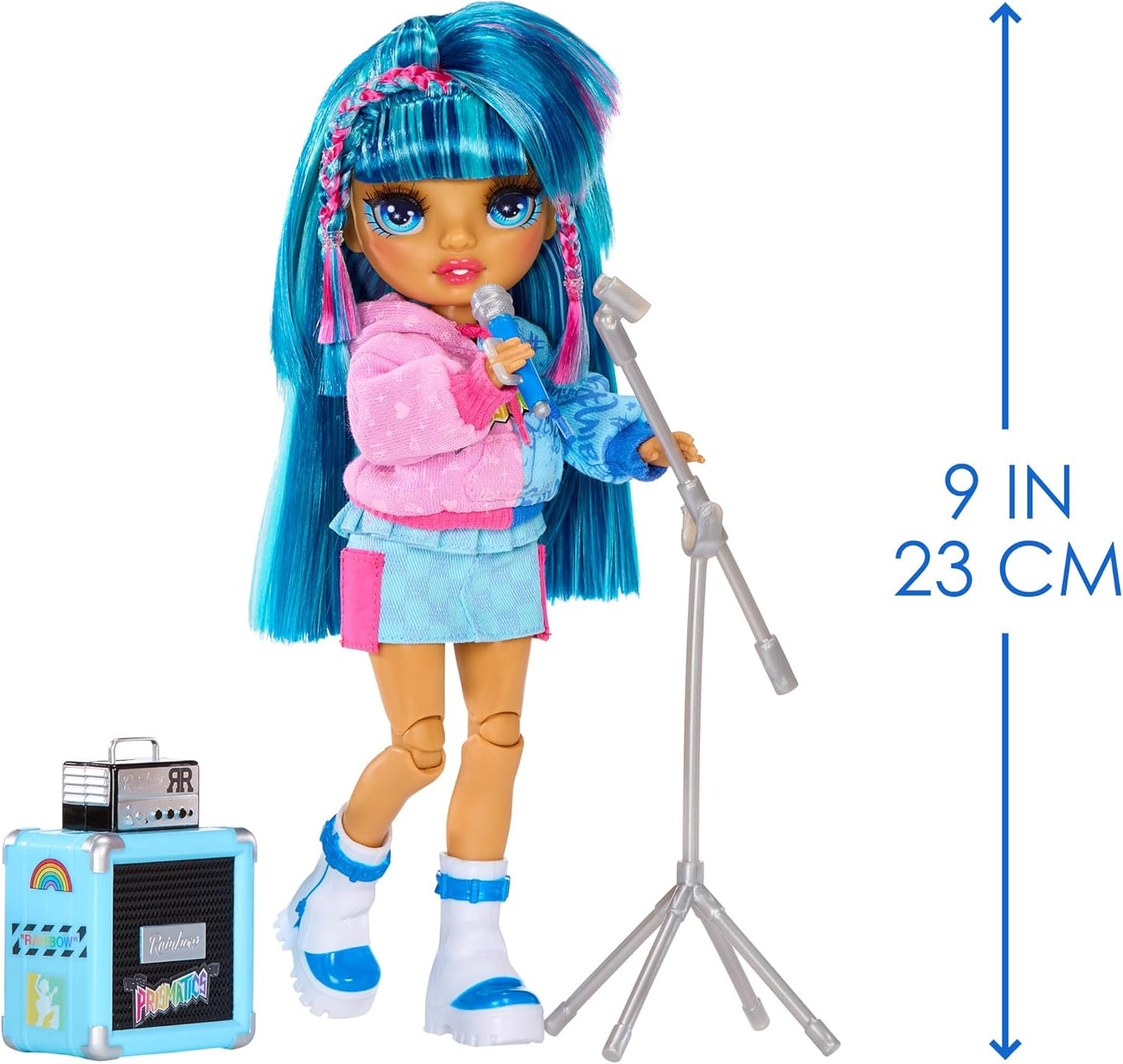 Rainbow High Junior High Rock Band - Skyler, Azul - Boneca Fashion de 23cm com Microfone, Suporte de Microfone e Amplificador, Personalizável com Adesivos, Articulada, Brinquedo Fofo para Crianças a partir de 4 Anos