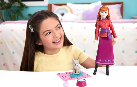 Mattel Boneca Disney Frozen Anna e Figura de Filhote de Lobo | 4 Acessórios, incluindo cama e cobertor para o animal; cabelo trançado; inspirada na linha "Animais de Arendelle" de Disney Frozen; JFG17