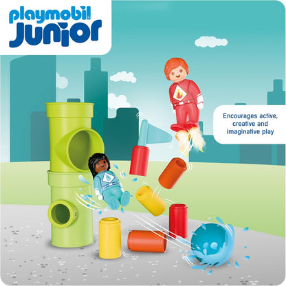 Playmobil | JUNIOR | JUNIOR: Ação de Super-heróis | Conjunto de Montar com Mulher-Água, Homem-Fogo, Torres e Elementos de Pista de Bolas | Para Crianças a partir de 4 Anos | 72085