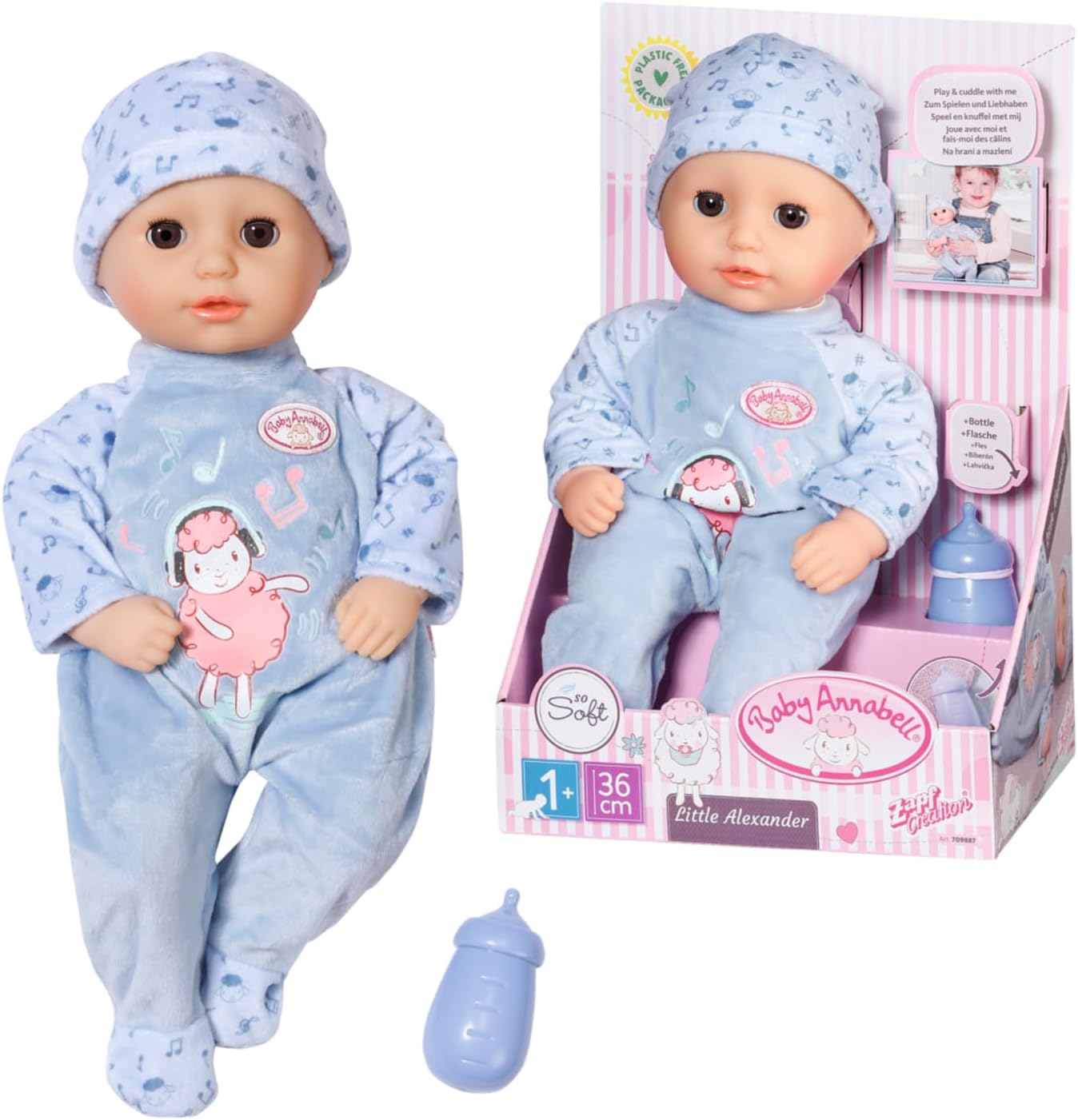 Baby Annabell Boneca Little Alexander de 36 cm com corpo macio, mamadeira e roupinha para brincar de alimentar - Adequada para crianças a partir de 1 ano - Inclui boneca, mamadeira e roupinha.