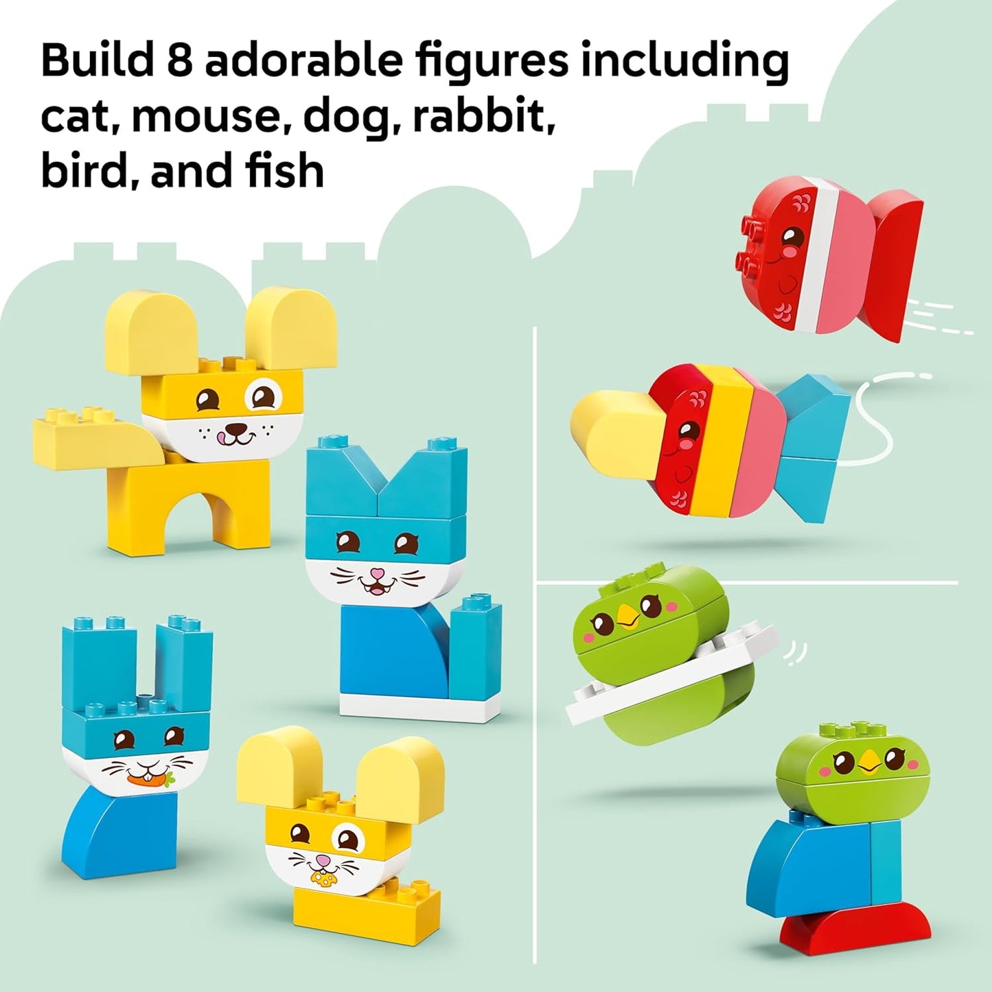 LEGO DUPLO 3 em 1 Bichinhos Criativos e Fofos - Brinquedo Educativo para Desenvolvimento da Coordenação Motora Fina em Crianças - Figuras de Animais, incluindo Cachorro, Gato, Pássaro e Peixe - Presente de Aniversário para Bebês,