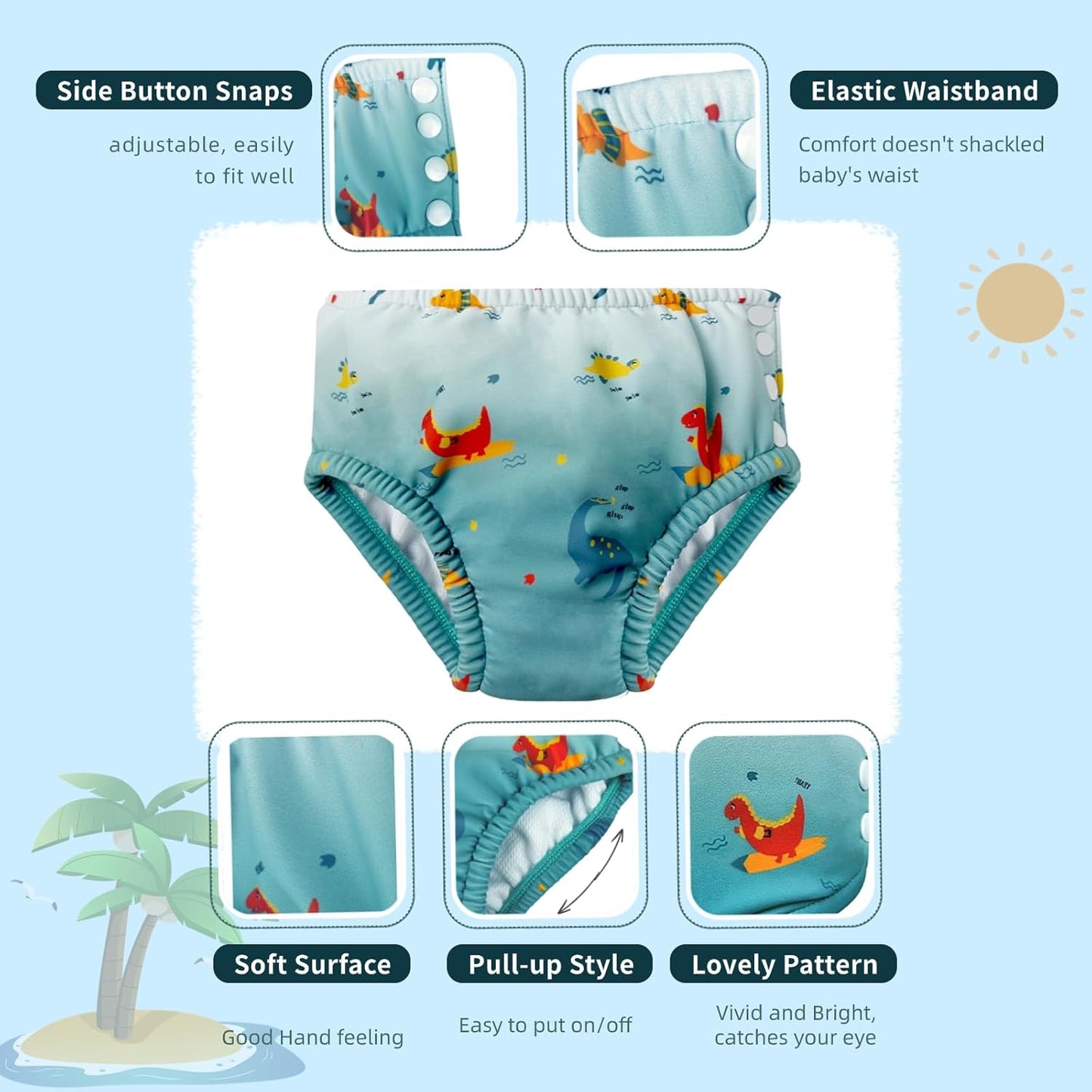 HiABsee Fraldas de natação reutilizáveis laváveis para bebês Fraldas de natação infantis para crianças pequenas UPF 50+ (dinossauro, 0-6 meses)