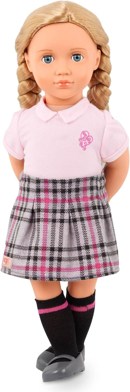 Muñeca suave Hally de 18 pulgadas de Our Generation con accesorios navideños: ojos únicos de color gris azulado y cabello rubio rizado