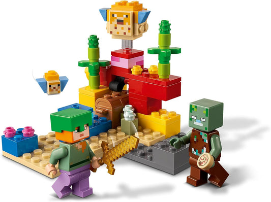 LEGO 21164 Minecraft O brinquedo de construção de recife de coral com Alex, 2 peixes-balão construídos em tijolos e figuras de zumbis afogados, presentes para crianças, meninos e meninas