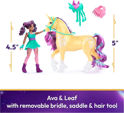 Unicorn Academy Conjunto Ava & Leaf com 2 acessórios de montaria e ferramenta de penteado, bonecas e brinquedos de unicórnio para meninas a partir de 4 anos.
