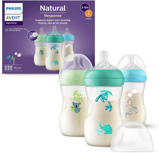 Philips  Avent Natural Response Conjunto de 3 mamadeiras de 260 ml com bicos de fluxo médio (fluxo 3), com estampa tropical, SCY903/73