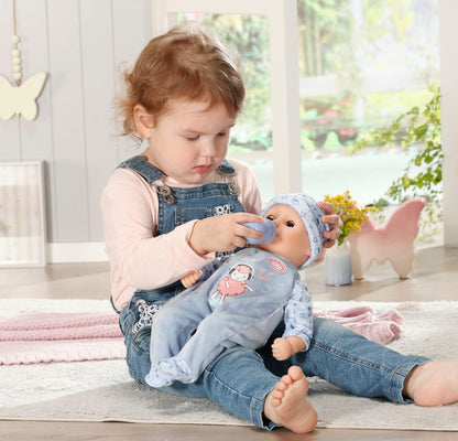 Baby Annabell Boneca Little Alexander de 36 cm com corpo macio, mamadeira e roupinha para brincar de alimentar - Adequada para crianças a partir de 1 ano - Inclui boneca, mamadeira e roupinha.