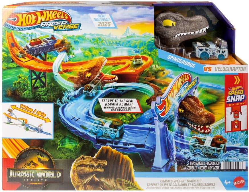Conjunto de Pista de Carrinhos Hot Wheels RacerVerse Jurassic World Crash & Splash com Veículo Velociraptor de Metal Fundido, Corrida de Dinossauros com Espinossauro, JFP32