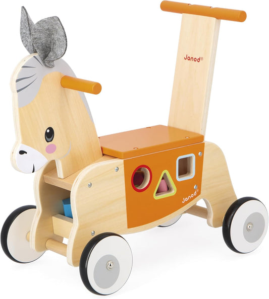 Janod - Transportador de madeira para burros com caixa de formas integrada - Função de trotador - Rodas silenciosas - Treinamento de equilíbrio e habilidades motoras - FSC Wooden Development