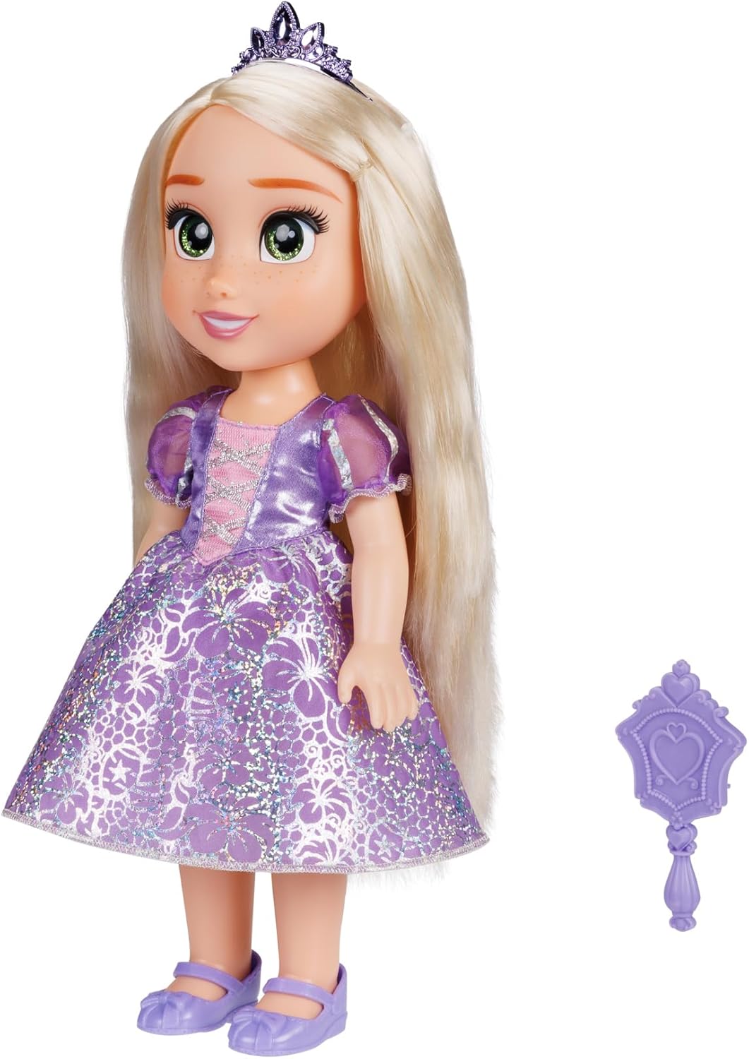 Disney Boneca Princess My Friend Rapunzel 35 cm O novo e lindo traje inclui uma saia com estampa holográfica em tom de platina