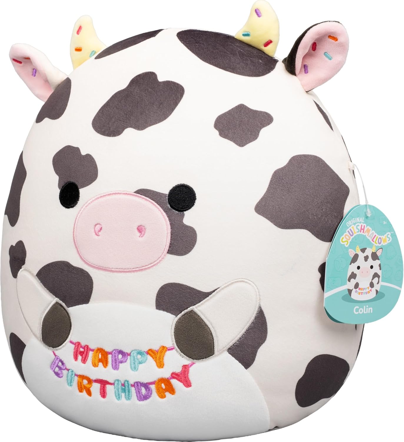Squishmallows Original de 12 Polegadas – Colin, a Vaca Malhada, Segurando Placa de Aniversário – Pelúcia Oficial Jazwares (Tamanho Médio)