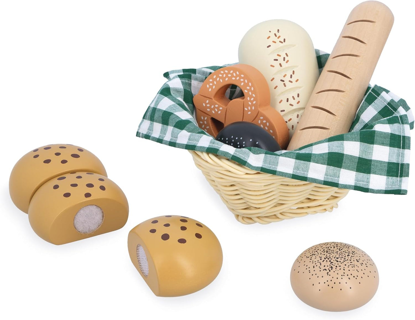 Janod - Cesta de Padaria de Madeira - Cesta Viennoiseries - 6 Acessórios de Jantar Realistas - Complemento Ideal para a Cozinha de uma Criança - Desenvolve a Imaginação - A partir de 3 anos - J06645