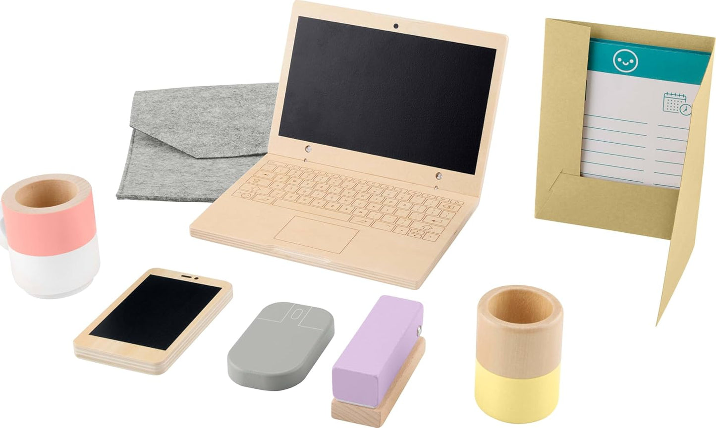 Fisher-Price Conjunto de madeira para brincar de trabalhar em casa, conjunto de escritório de 9 peças com laptop e telefone de brinquedo de madeira para crianças em idade pré-escolar a partir de 3 anos, HXV11