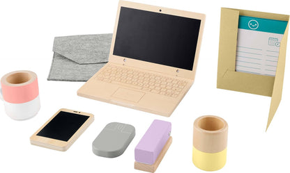 Fisher-Price Conjunto de madeira para brincar de trabalhar em casa, conjunto de escritório de 9 peças com laptop e telefone de brinquedo de madeira para crianças em idade pré-escolar a partir de 3 anos, HXV11