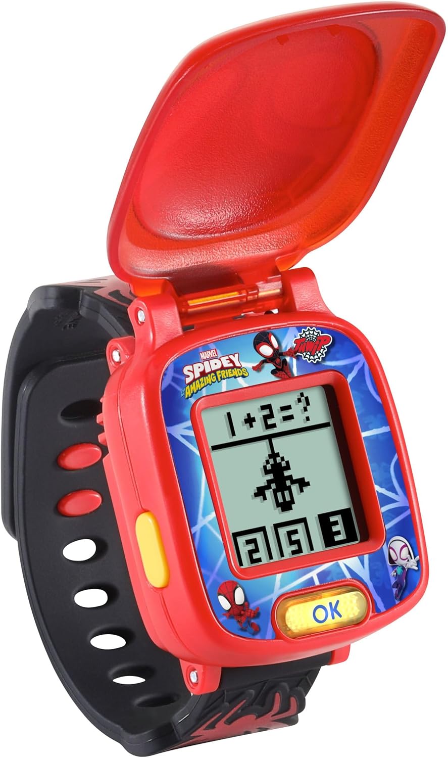 Relógio de Aprendizagem Giratório VTech Homem-Aranha e seus Incríveis Amigos, Relógio Oficial do Homem-Aranha com 4 Jogos Divertidos, Tela LCD, 9 Mostradores Digitais, Indicado para Crianças de 3, 4, 5+ Anos, Versão em Inglês