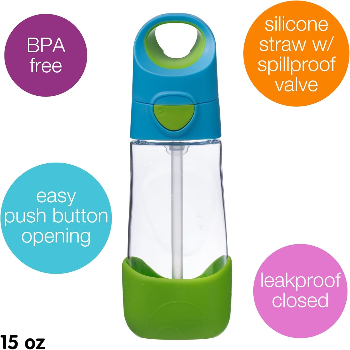 b.box Garrafa para água e bebidas Tritan™ | Garrafa com fácil aderência e tampa à prova de vazamentos | Design moderno e divertido para crianças, ideal para depois do copo de transição | 450ml/15oz (Brisa do Oceano)