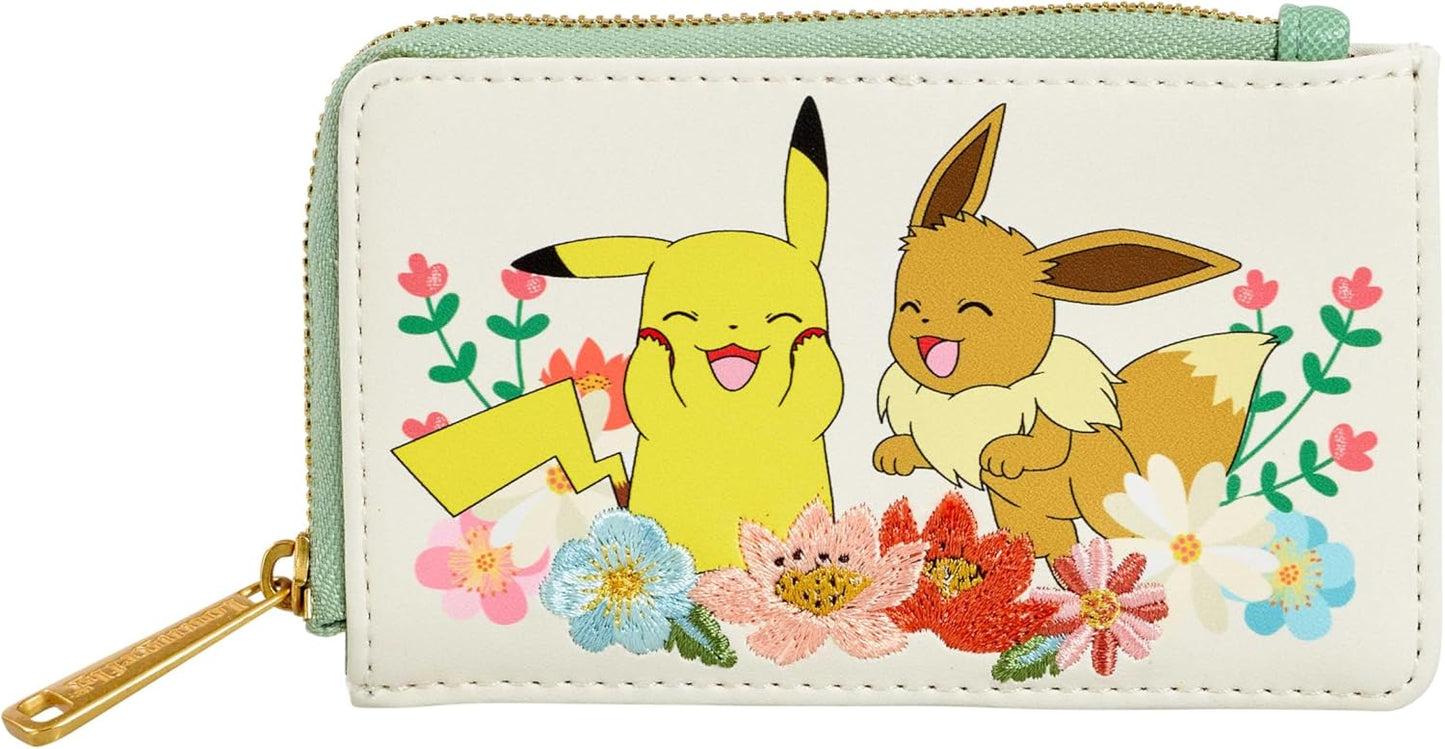 Loungefly Pokémon - Pikachu e Eevee - Carteira Floral - Bolsa Colecionável Fofa - Ideia de Presente - Porta-Cartões com Vários Compartimentos para Cartões - Produtos Oficiais - Para Meninas, Mulheres e Senhoras - Fãs de Anime
