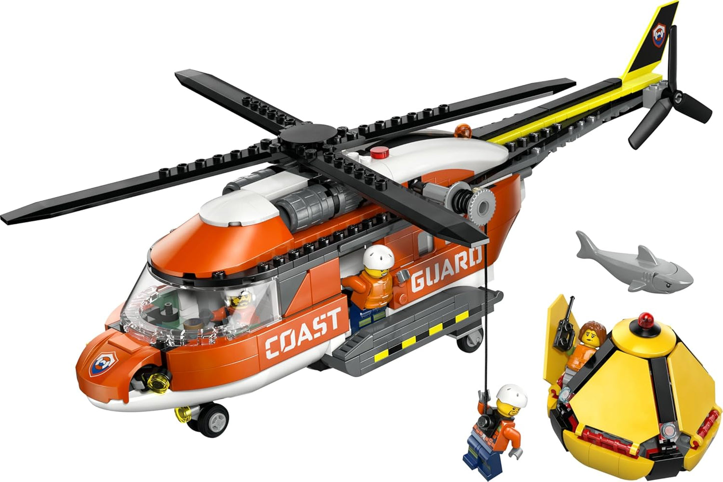 LEGO City Helicóptero da Guarda Costeira - Kit de Modelo de Veículo de Emergência com Portas Deslizantes, Guincho, 4 Minifiguras e Figura de Tubarão - Presente de Aniversário para Meninos a partir de 7 Anos - 60503