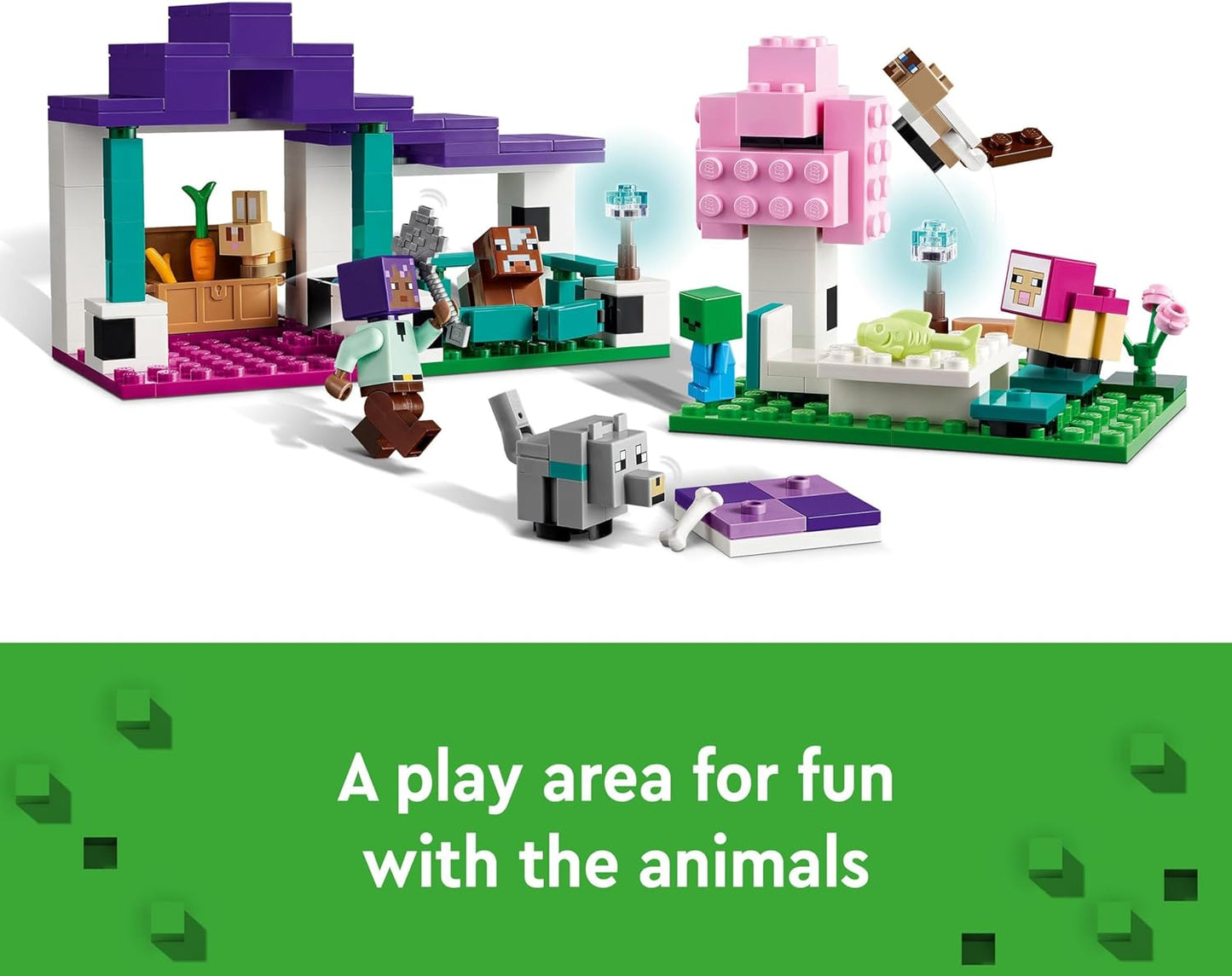 LEGO Minecraft The Animal Sanctuary, brinquedos de construção para meninas e meninos de 7 anos ou mais com figuras de personagens, além de bebê zumbi, vaca, lobo, coelho, ovelha magenta e gato, presente para jogadores e crianças 21253