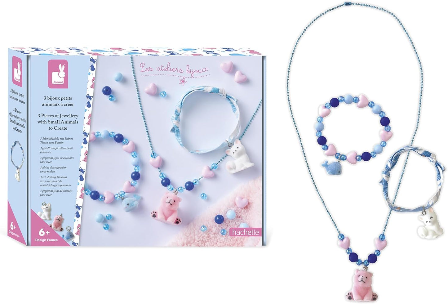 Janod - 3 Jewels to Create - Little Velvet Animals - 2 Bracelets + 1 Necklace - Creative Leisure Kit - Handmade Activity for Children - From 6 Years and Up - J09184