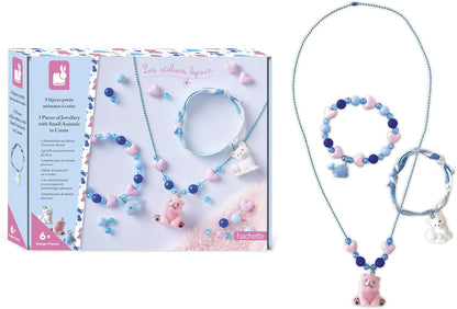 Janod - 3 Jewels to Create - Little Velvet Animals - 2 Bracelets + 1 Necklace - Creative Leisure Kit - Handmade Activity for Children - From 6 Years and Up - J09184