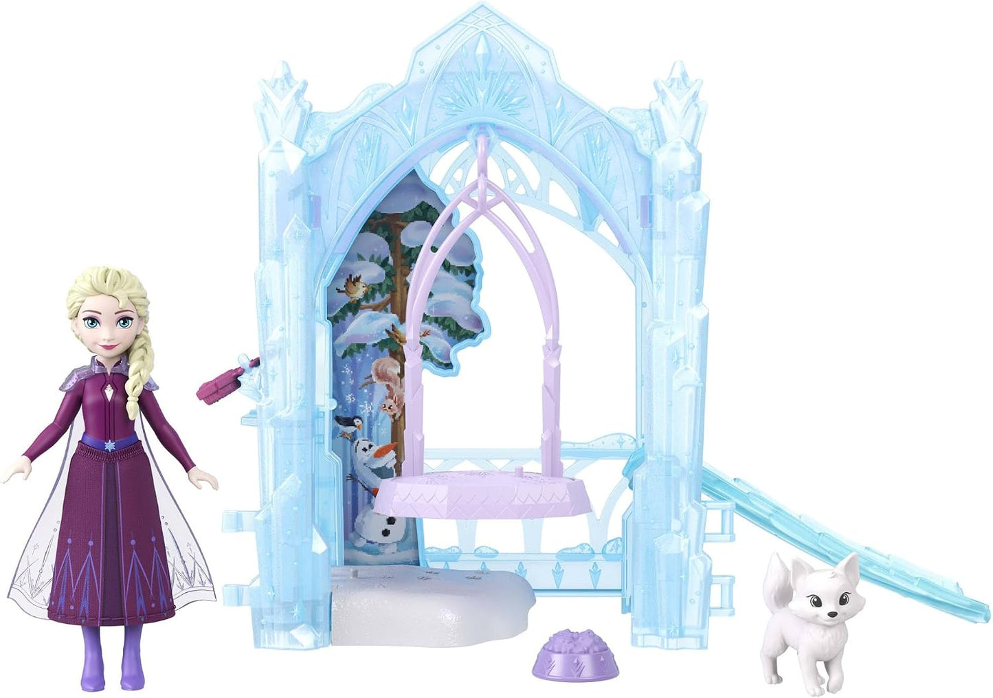 Mattel Disney Frozen – Boneca e Conjunto Elsa e seu Refúgio Gelado para Animais | Mini Boneca Elsa com Saia Removível, 2 Figuras de Animais, Escorregador e Acessórios – Linha Storytime Stackers – Inspirado no Filme – JFG29