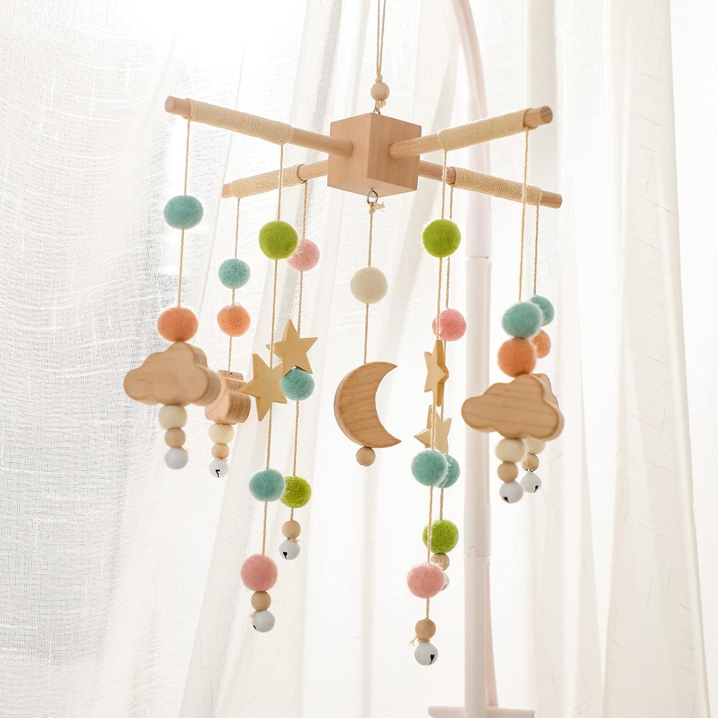 Let's Make Bolas móviles de Madera + Forro Polar para bebés, Campanas de Viento, Campanas para Hamacas de guardería, Regalos para recién Nacidos para niñas o niños (Luna Rosa)