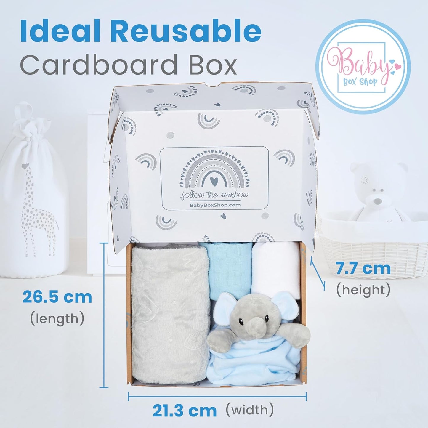 Baby Box Shop - Presentes personalizados para meninos, presente ideal para batizado: cobertor de lã, Baby Box Shop - 5 itens essenciais para recém-nascidos, ideais como presentes para chá de bebê e batizado, panos de musselina e presentes
