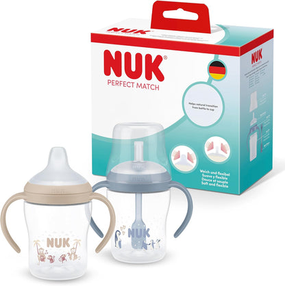 NUK Copos com Canudo Perfect Match | 6+ meses | 150 ml | Copo com canudo antivazamento | Alças antiderrapantes | Macaco e Pinguim | Kit com 2