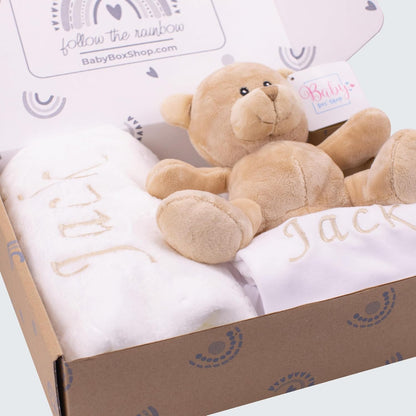 Baby Box Shop - Presentes personalizados para bebês unissex - Manta de bebê personalizada bege, azul, rosa e body de bebê personalizado com ursinho de pelúcia para bebê, ideal como presente de chá de bebê unissex e presente de batizado