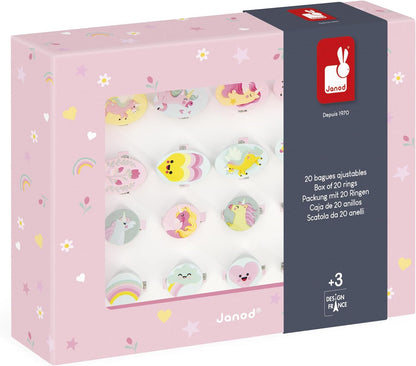 Janod - 20 Anéis de Madeira Ajustáveis Tema Unicórnio para Crianças - 10 Redondos + 10 Ovais - Anéis Ajustáveis - Joias de Madeira e Metal - Brinquedo para Meninas - Acessório de Moda - A partir de 3 Anos - J08881