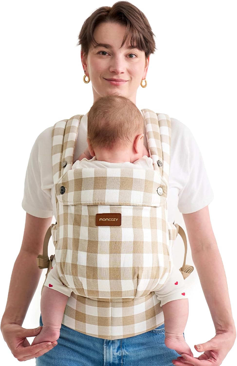 Momcozy Canguru em algodão e linho natural, resistente, design ergonômico, leve e confortável, mãos livres para mamães e papais, estampa xadrez marrom.