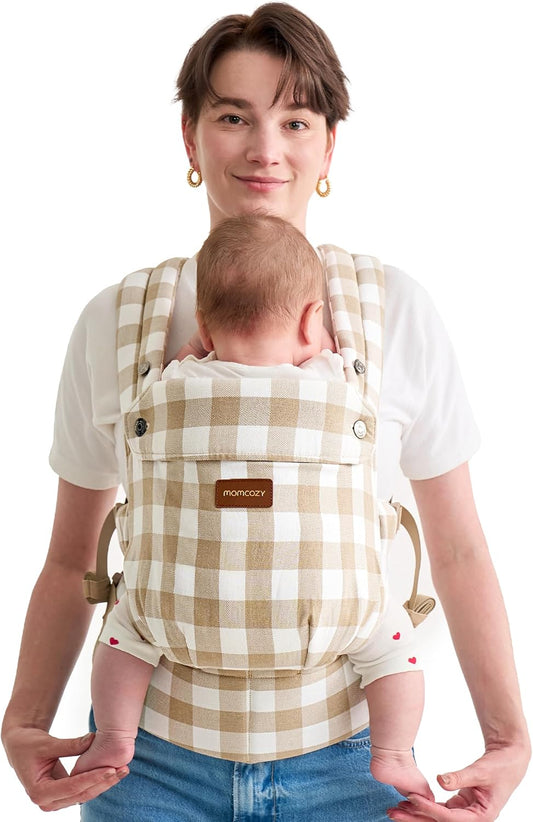 Momcozy Canguru em algodão e linho natural, resistente, design ergonômico, leve e confortável, mãos livres para mamães e papais, estampa xadrez marrom.