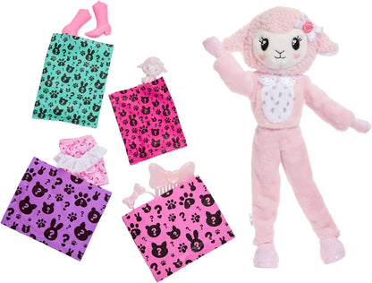Barbie Cutie Reveal Boneca e Acessórios, Série Cuddly Cordeiro com 10 Surpresas Incluindo Mudança de Cor e Mini Animal de Estimação, JJP66