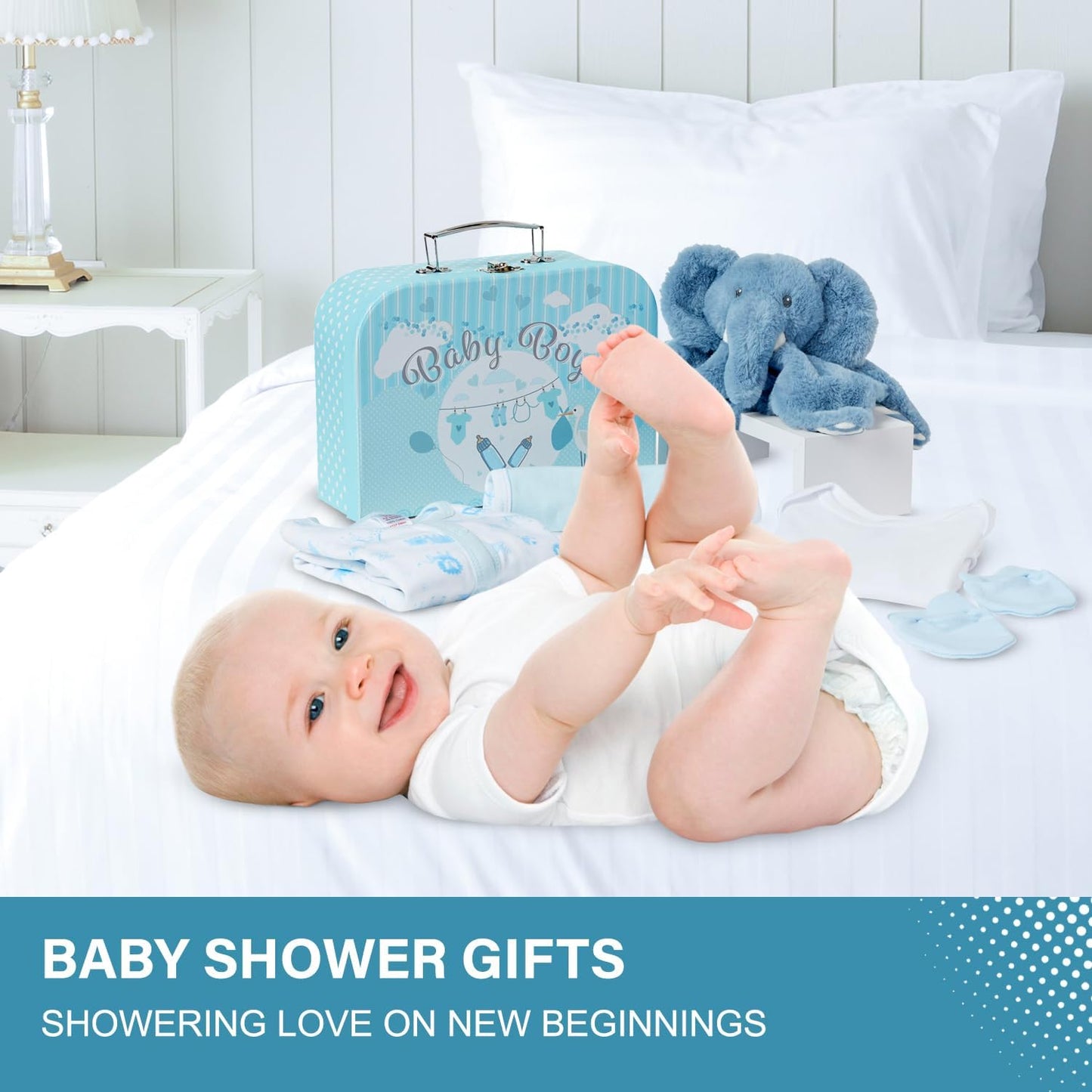 Baby Box Shop - Conjunto de presente para recém-nascidos - Cesta premium com chocalho para cachorro, porta-retratos, tecido de musselina, chá de bebê para recém-nascidos