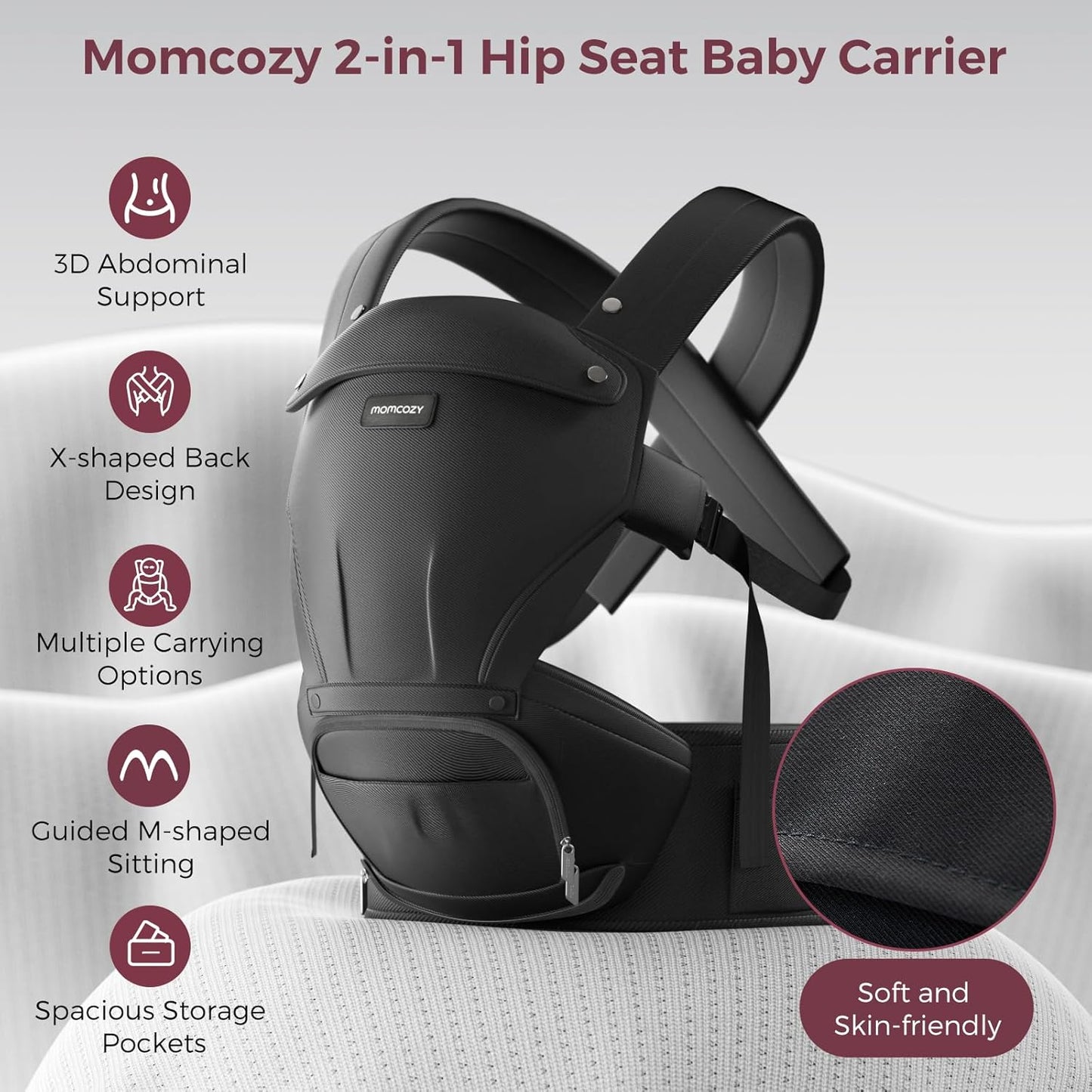 Momcozy Canguru com assento de quadril, 2 em 1 para carregar bebês ativos de frente para a rua, canguru removível para bebês de até 20 kg, canguru para crianças pequenas em todas as estações, serve para cinturas de até 120 cm, preto