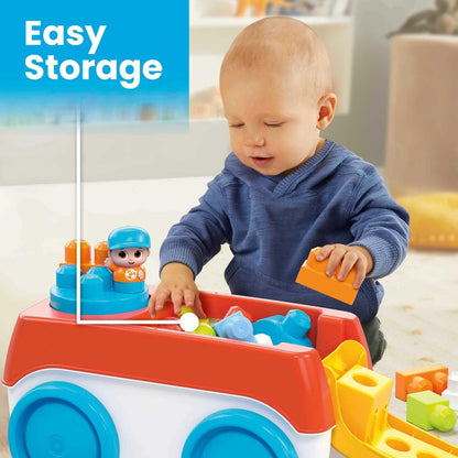 MEGA Brinquedo de construção infantil BLOKS Fisher-Price, vagão giratório de blocos com 20 peças e armazenamento, 1 figura, ideias de presentes para crianças de 1 ano ou mais, HHN00