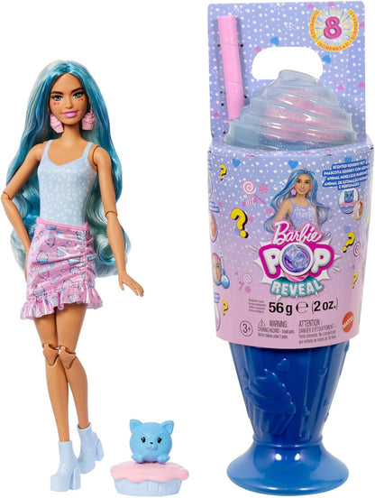 Barbie Pop Reveal Series - Boneca Fashion e Acessórios, Série Delícias, Tema Cupcake com Bichinho de Estimação, 8 Surpresas Incluindo Mudança de Cor, JFY61