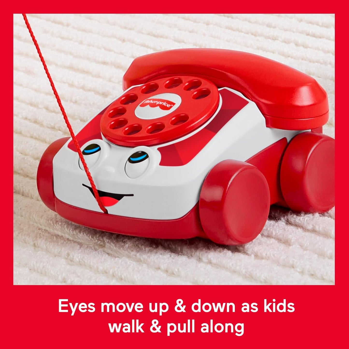 Telefone de brinquedo Fisher-Price Baby vermelho, edição de 80º aniversário da Mattel, com atividade de puxar para bebês e crianças a partir de 1 ano de idade, JGG97
