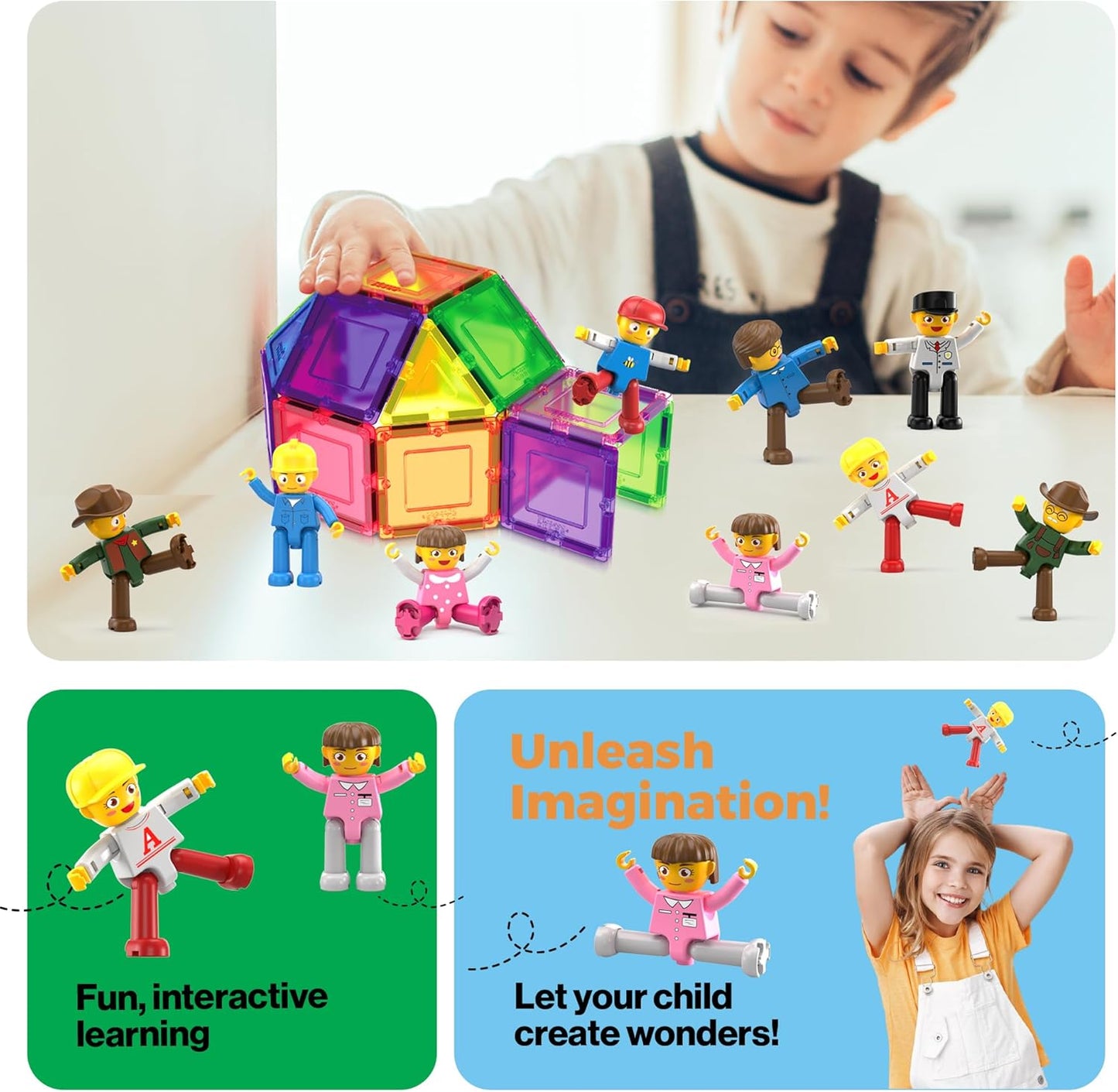 PicassoTiles Conjunto de Brinquedo Infantil com 16 Figuras de Ação de Personagens, Pacote de Expansão, Blocos de Construção Magnéticos, Brinquedo STEM para Brincar de Faz de Conta, Peças de Montar PTA08